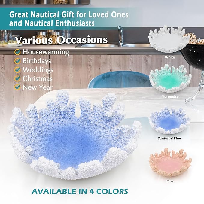 Santorini Blue Coral reef Textured Decorative Bowl,9.45" Medium Resin Decorative Centerpiece Bowl for Coastal Beach theme house table centerpiece decorations & Nautical decorations for coffee table