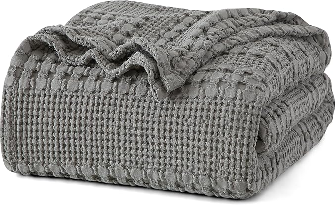 PHF 100% Cotton Waffle Weave Blanket Queen Size, Soft Lightweight Breathable Cozy Summer Blankets for Bed, Luxury Aesthetic Woven Bedding for Home Decor, 90"x90", Dark Grey
