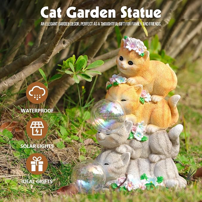 Solar Cat Garden Statue Resin Cat Statue Decor Outdoor with LED Lights for Outside Yard Art Lawn Ornaments Patio, Cat Lovers Gifts