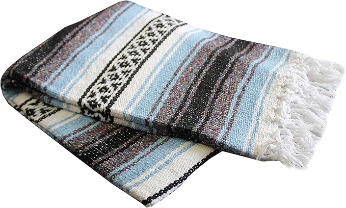 Del Mex Classic Mexican Blanket, Large Authentic Woven Falsa Throw (70"x50"), Artisan Southwest Décor for Beach, Yoga, Outdoors (Light Blue)