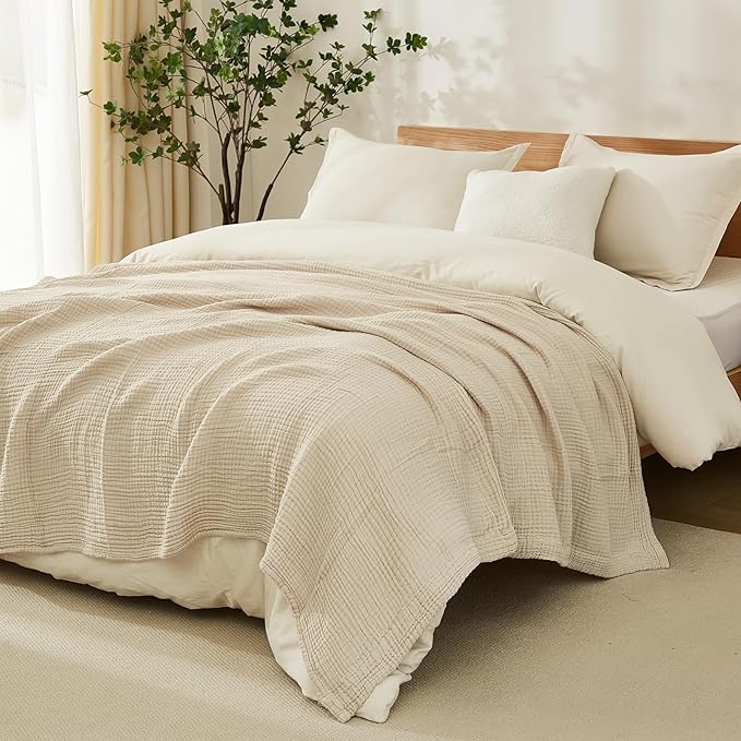 EMME Cotton Blanket Queen Size for Bed Soft Muslin Bed Blankets 90"x90" Lightweight Breathable Bedspread Coverlet All Season Gauze, Light Tan