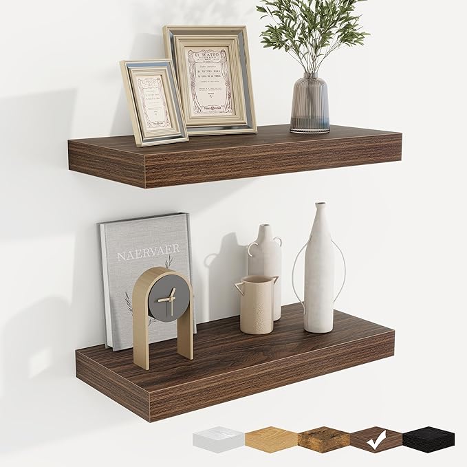 fuqing Floating Shelves for Wall, Bathroom Shelf Wall Mounted for Storage, Shelves with Invisible Bracket for Bedroom, Kitchen, Living Room, Farmhouse Small Book Shelf, 16 Inch Set of 2, Walnut