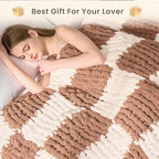 L'AGRATY Chunky Knit Blanket Throw: 60''x80'' Chenille Chunky Knitted Throw Blankets for Twin Bed Couch - Handmade Thick Cable Knit Blanket - Large Crochet Blankets for Home Decor(Brown Checkered)