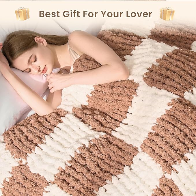 L'AGRATY Chunky Knit Blanket Throw: 60''x80'' Chenille Chunky Knitted Throw Blankets for Twin Bed Couch - Handmade Thick Cable Knit Blanket - Large Crochet Blankets for Home Decor(Brown Checkered)