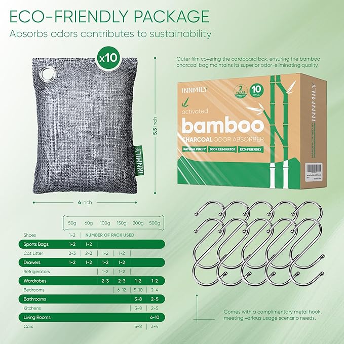 Activated Charcoal Odor Absorber, Odor Eliminator for Strong Odor,Bamboo Charcoal Air Purifying Bags for Home Car Closet Pet, Smoke Room Deodorizer (10 x 100g, Unscented)