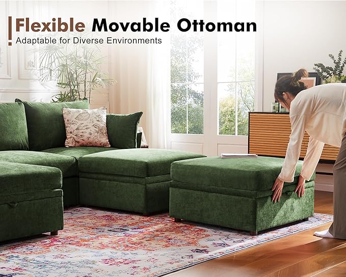 102.6" Modular Sectional Sofa, Oversized 3-Seater Green Couch with Removable Chenille Fabric Cover, Deep Seat & High Backrest for Living Room, Office & Apartment