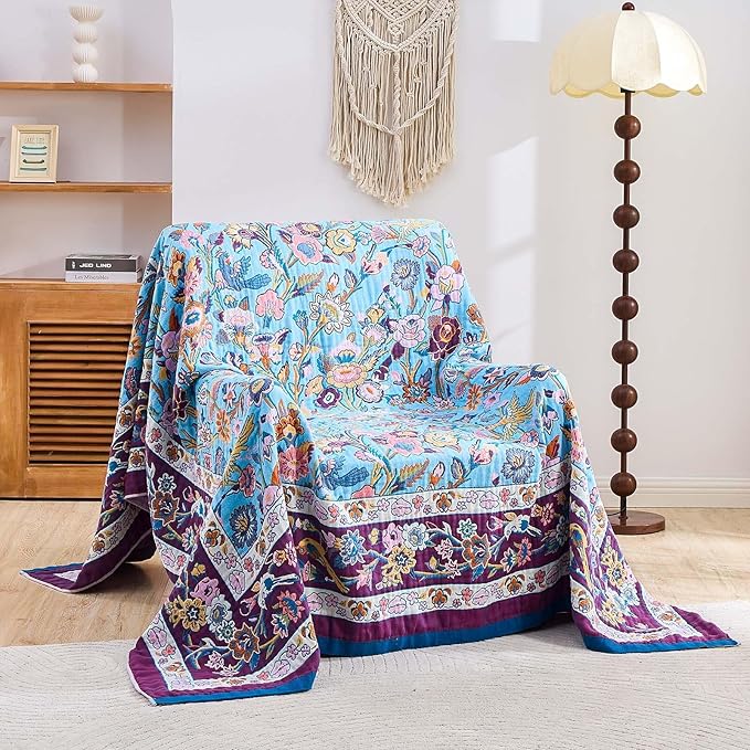 Fall Blanket for Bed, 100% Cotton Soft Rustic Boho Throw Blanket Quilt, 50"x60" Farmhouse Decor Bed Flower Blankets, Light Weight Reversible Bohemian Throw Quilt