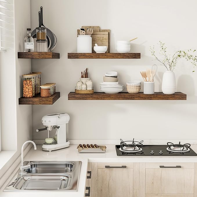 12" Deep Floating Shelves for Wall 48 Inches Long, Heavy Duty Wall Shelves for Bedroom Bathroom Kitchen Laundry Room, Farmhouse Rustic Shelves for Home Decor, 48" X 12" X 2" Set Of 2, Rustic Brown