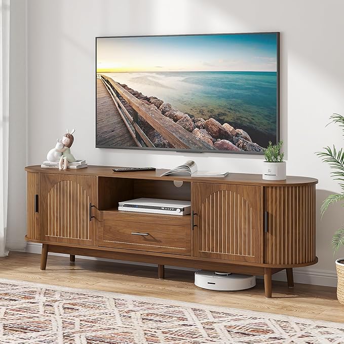 70" Fluted TV Stand for Tvs up to 80", Mid-Century Modern Entertainment Center with Drawers and Fluted Doors, Curved TV Media Console Table with Sliding Doors for Living Room, Bedroom (70")