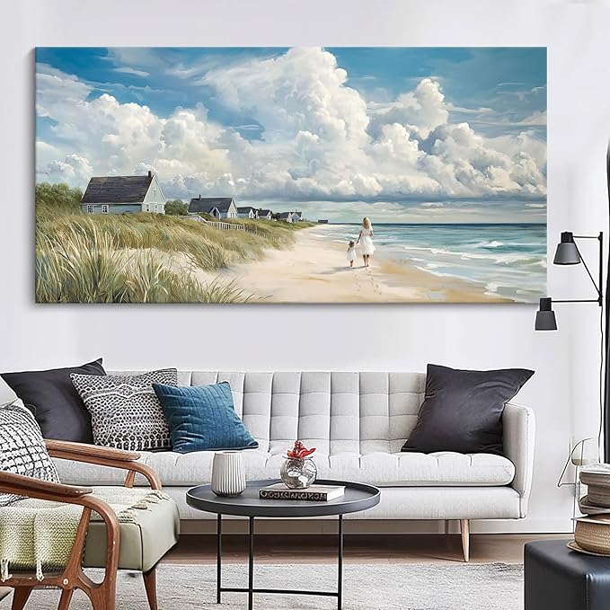 HGUAOA Coastal Canvas Wall Art - Large Landscape Wall Art for Living Room - Ocean and Beach Painting - Blue Artwork for Bedroom Decor - Above Bed Wall Pictures -Beach Theme Print Art