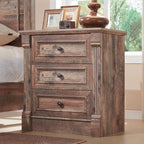 26" Tall Farmhouse Nightstand, 3 Drawers End Table w/Charging Station, 23.6" Wide Large Side Table w/Roman Column, Wood Rustic Sofa Table for Bedroom, Light Brown