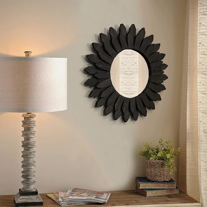 Honiway Boho Wall Decor Mirrors for Wall 2 Pack 12 inch Wood Decorative Mirror for Room Decor Rustic Farmhouse Mirror for Bedroom Bathroom Living Room Kitchen Black