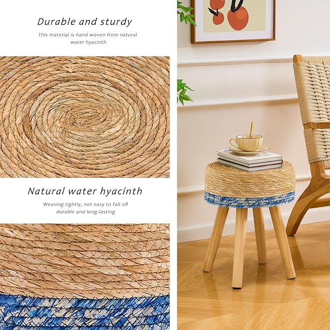 Handwoven Outdoor Ottoman, Water Hyacinth Pouf Round Patio Footstool with Wood Legs, 17-Inch Multipurpose Vanity Stool, Dining Chair, Patio Footrest for Balcony and Garden, Blue