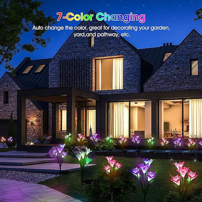 Solar Lights Outdoor Waterproof, 4 Pack Garden Decor Lights, 16 Multi-Color Changing Lily Solar Flowers for Yard Patio Pathway Decor, Gifts for Women Mom (4 Pack)