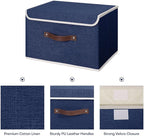 ANMINY 4PCS Storage Bins with Lid PU Leather Handles Storage Boxes PP Plastic Board Decorative Foldable Lidded Cotton Linen Fabric Home Cubes Baskets Closet Organizer Containers - Blue, Large Size
