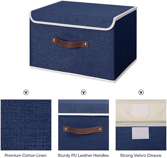 ANMINY Storage Bin with Lid Storage Boxes with PU Leather Handles PP Plastic Board Decorative Foldable Lidded Cotton Linen Fabric Home Cubes Baskets Closet Organizer Container - Blue, Large Size