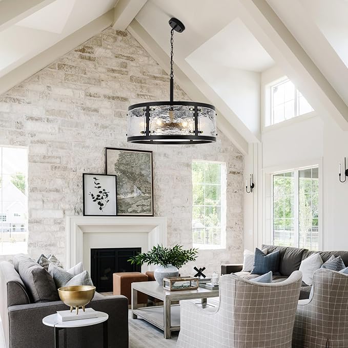 23.6" Large Farmhouse Drum Black Chandelier, 6-Light Vintage Round Glass Chandeliers for Dining Room, Industrial Light Fixture for Kitchen Living Room Stairwell, Clear Waterglass Drum Shade