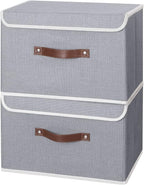 ANMINY 2PCS Storage Bins with Lid PU Leather Handles Storage Boxes PP Plastic Board Decorative Foldable Lidded Cotton Linen Fabric Home Cubes Baskets Closet Organizer Containers - Gray, Large Size