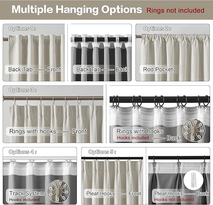 RAIN CITY 92 Inch Long Black Out Curtains 2 Panels Custom Drapery Neutral Blackout Pleated Ceiling Track Curtain for Dining Room Linen Textured Back Tab with Hooks 50"x92"