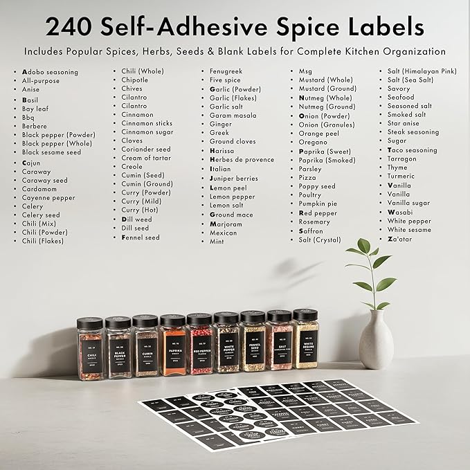 Glass Spice Jars with Label and Stainless Steel Lids (24 x 4oz) Spice Containers with 240 Labels, Shaker Inserts, Steel Funnel, Empty Square Empty Square Seasoning Organizer (Black)
