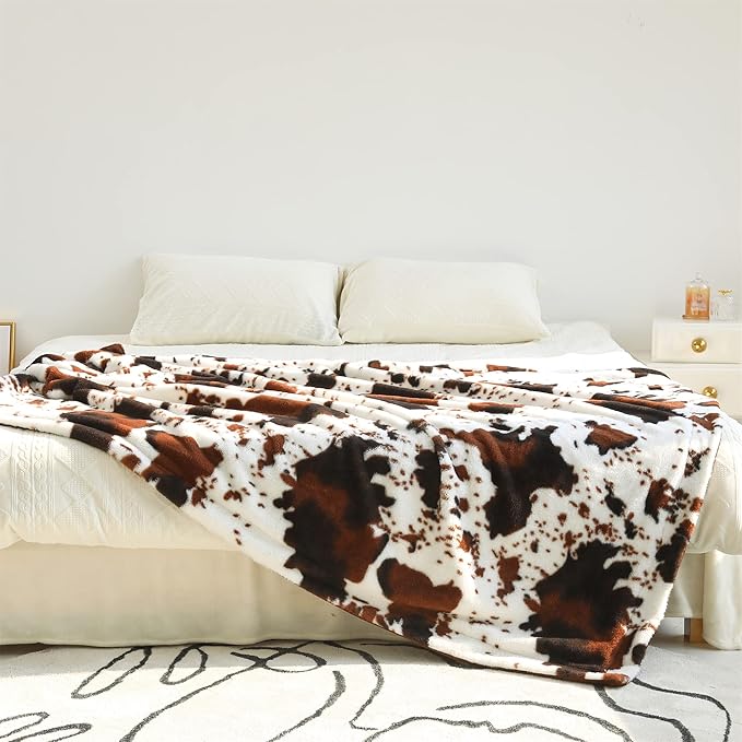 RYNGHIPY Lightweight Soft Cow Print Throw Blanket - Warm Coffee Throw for Baby Kids Girls Boys Adults (51''x63'')