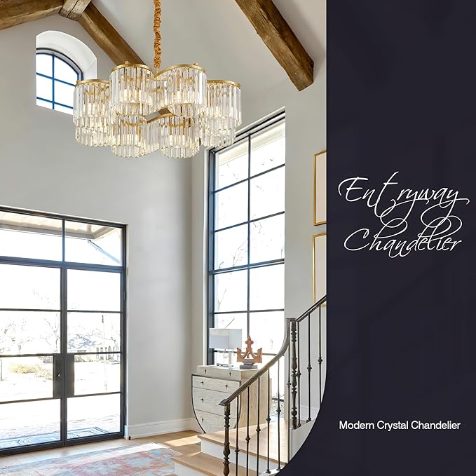 30.3“ Gold Semi Flush Mount Ceiling Light Fixtures, 8-Light Gold Modern Crystal Chandelier Height Adjustable Pendant Lighting for Bedroom Entryway Hallway Kitchen Island Living Room Foyer