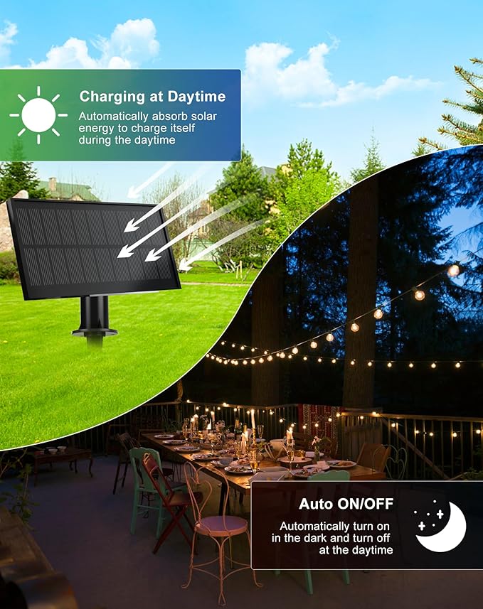 Solar String Lights Outdoor Waterproof 50FT with USB Port and 27 Shatterproof ST38 Bulbs(2 Spare), LED Solar Powered Patio Lights for Outside, Porch, Backyard, Bistro, Garden, Market - 2200K