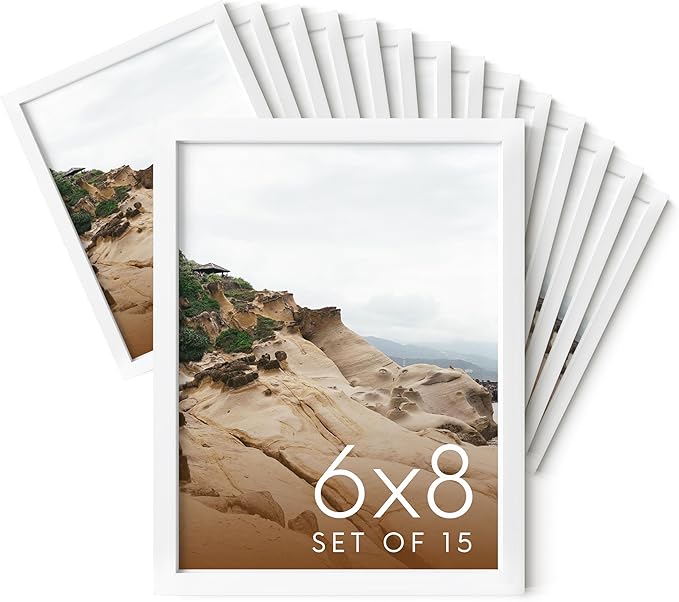 HAUS AND HUES 6x8 White Metal Picture Frames - Bulk Frames 6x8 - Features Premium Aluminum, Vertical Hanging, Easel Back for Tabletop, Home, Office (6x8 in, White, Set of 15)