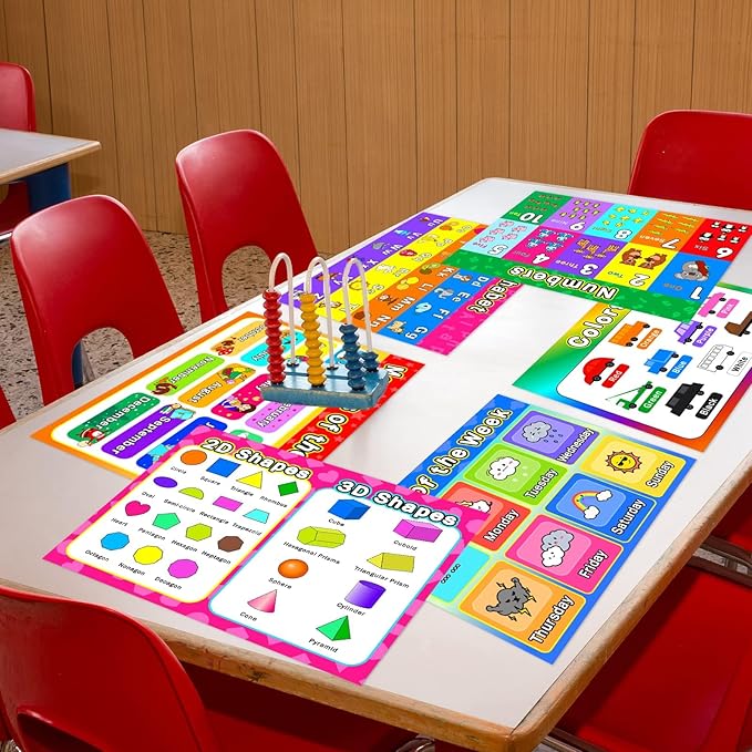 Educational Preschool Placemats for Kids Set of 6 Reusable Plastic Toddler Placemat Non Slip Washable Children Montessori Eat Table Mat for Nursery Homeschool Kindergarten Classroom Dining Table