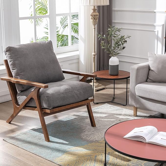 Wahson Mid Century Chair, Upholstered Accent Armchair, with Wood Frame and Canvas Cushions, Leisure Slipper Chair for Living Room/Bedroom, Grey