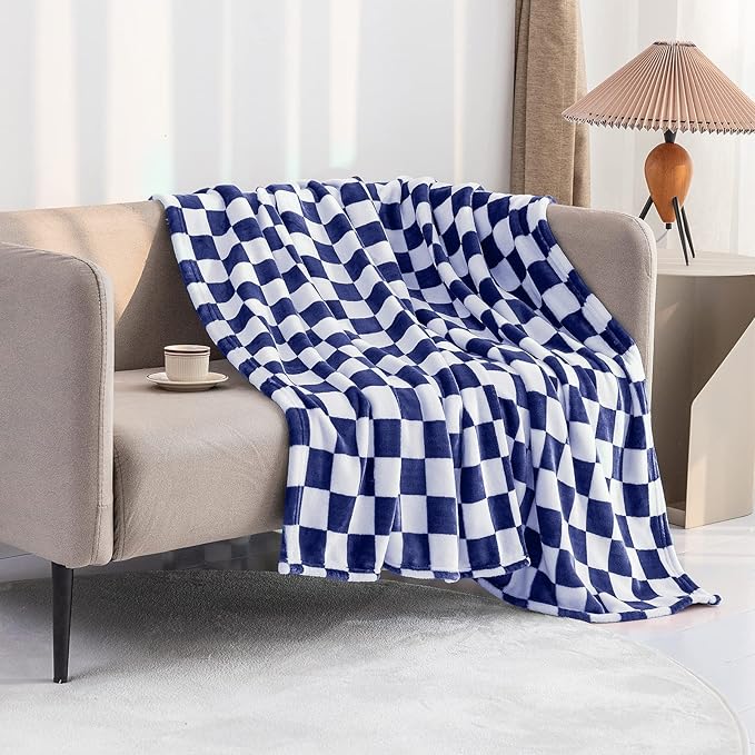 LOMAO Throw Blankets Flannel Blanket with Checkerboard Grid Pattern Soft Throw Blanket for Couch, Bed, Sofa Luxurious Warm and Cozy for All Seasons (Dark Blue, 60"x80")
