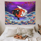 Houselerax Japanese Koi Fish Tapestry, Yin Yang Big Wave Cherry Blossom Tapestries Wall Hanging for Bedroom Living Room Office Decor 80"x60"