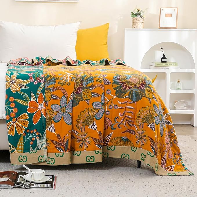 Boho Throw Blankets Reversible Luxurious Cotton Bed Throws with Vintage Bohemian Design & Yellow/Green Lightwight Floral Decor Blanket, Perfect as Bed Sofa Quilt 60" x 80"