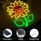 Sunflower Skull Neon Sign Wall Decor USB Powered Skeleton Head Halloween Neon Light Sign Dimmable Funny Halloween Day LED Sign for Trick or Treat Party Backdrop Bedroom Bar Man Cave