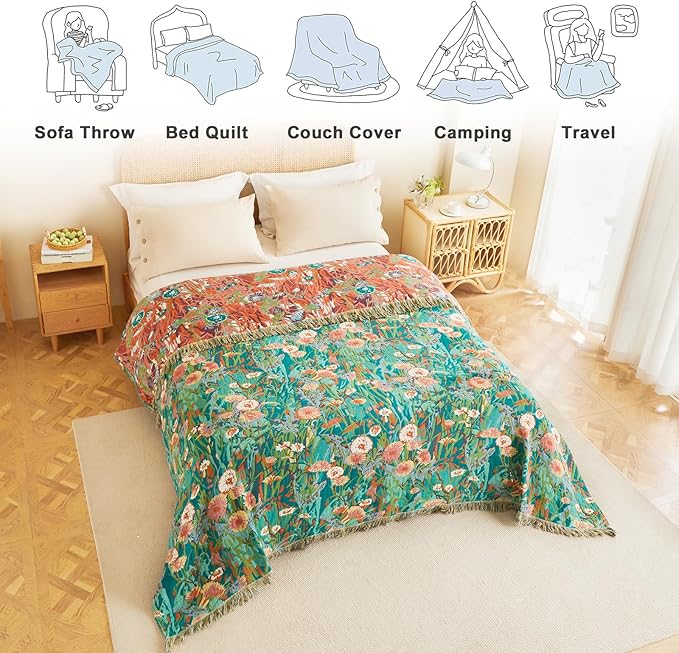 MSGKV Boho Throw Blanket for Bed Twin Size Cotton Muslin Breathable Floral Blanket 60"x80" Sofa Couch Blankets for All Seasons Lightweight Farmhouse Blankets Boho Home Decor
