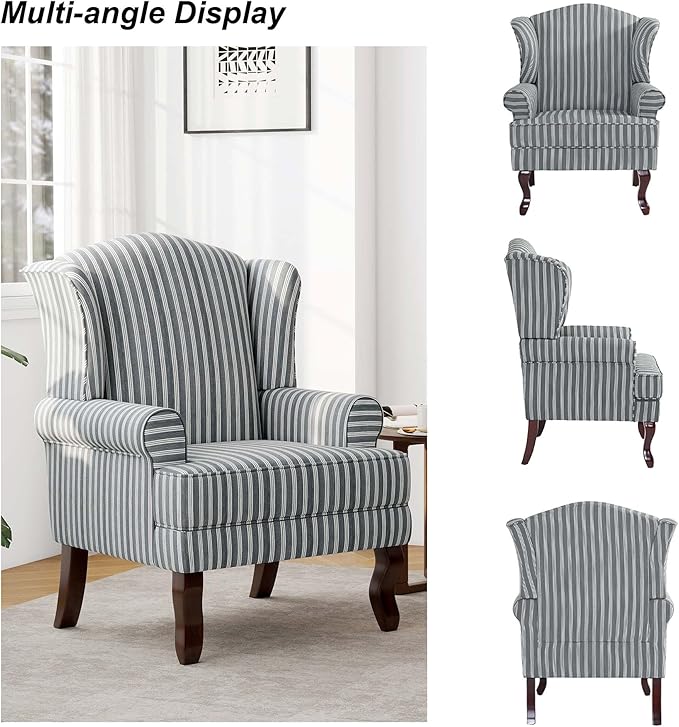 Accent Chair, High Back Upholstered Armchair with High Resilience Sponge & Wood Legs, Mid-Century Modern Comfy Single Sofa Reading Chairs for Living Room, Bedroom (Stripe Grey, Set of 2)