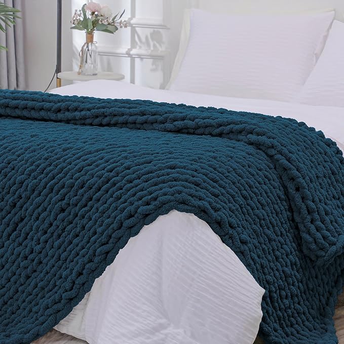Bigacogo Chunky Knit Throw Blanket for Couch, 40x80 inches, 100% Hand Knitted with Thick Jumbo Chenille Yarn, Cozy Soft Large Rope Knot Cable Crochet Blankets for Sofa Bed Living Room, Deep Sea Blue