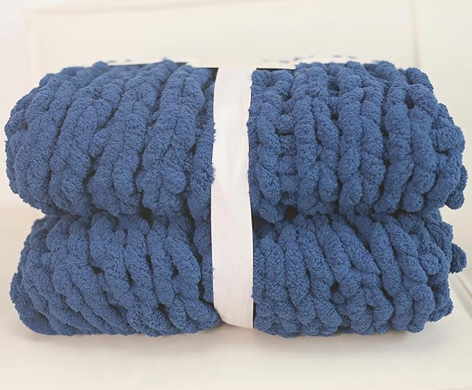 Chunky Knit Blanket Throw 40"x60", Chenille Throw Blankets, Handmade Warm & Cozy Blanket Couch Bed Home Decor, Soft Breathable Fleece Banket, Christmas for Couch Bed Sofa Best Gift (Navy Blue)