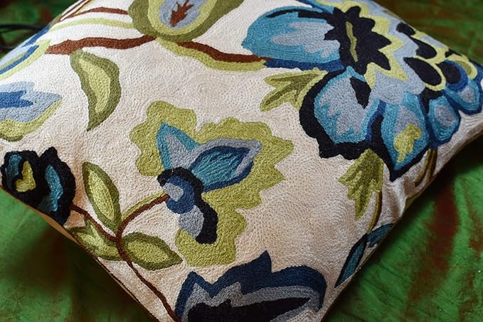 Modern Cream Decorative Floral Pillow Cover Needlepoint White Flower Hand Embroidered Pillowcase Flowery Outdoor Suzani Accent Cushion Boho Chair Modern Chair Pillowsham Wool Size 18x18