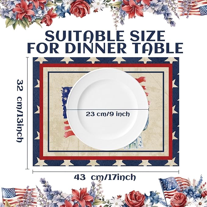 4th of July Placemats Set of 6 Patriotic Plastic Table Mats Independence Memorial Day Vintage America Flag Stars Stripe Place Mats Vinyl Table Decoration for Indoor Outdoor Party Kitchen Dining