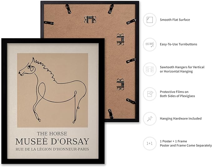 Poster Master Vintage Poster - Retro Minimalist Print - Gift for Artist, Friend - Horse, Line Drawing, Sketch, Abstract - Wall Decor for Living Room, Bedroom, 11x14 Black Framed
