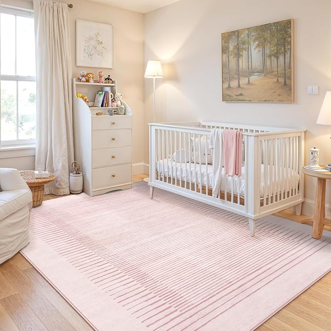 Wonnitar Striped Large Rugs for Living Room, Washable 9x12 Area Rugs for Bedroom, Non-Slip Soft Minimalist Pink Area Rug Throw Carpet for Nursery Playroom Guest Room (Pink,9' x 12')