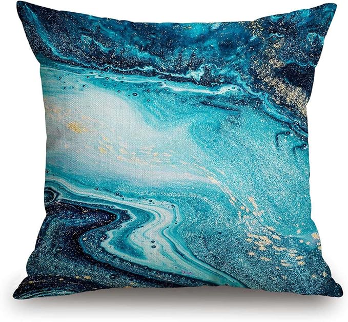 TSSOHU Marble Luxury Ocean Art Agate Blue Paint Gold Powder Cotton Linen Square Throw Waist Pillow Case Decorative Cushion Cover Pillowcase Sofa 18"x 18"