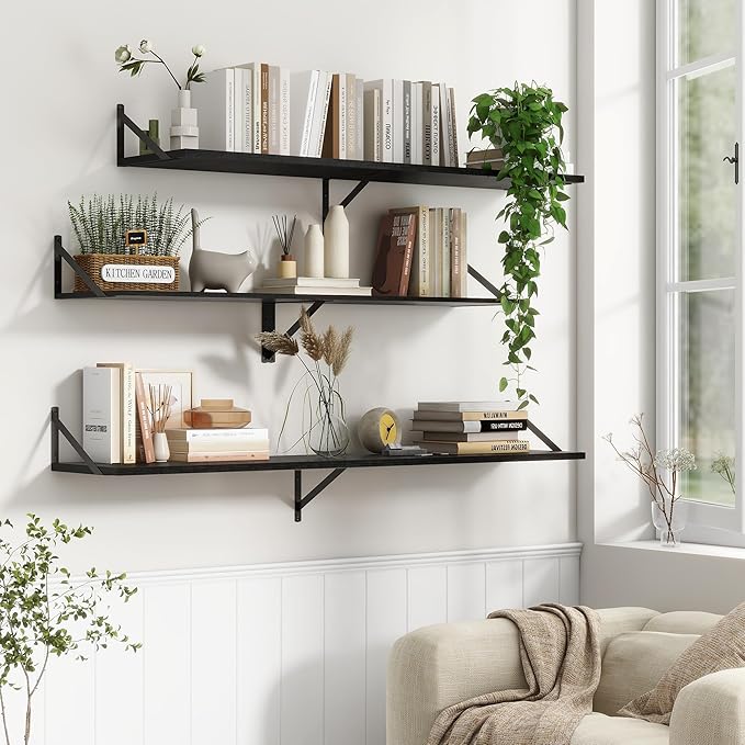 Fun Memories Deep Floating Shelves, 55W x 12D Floating Shelves for Wall, Wood Black Floating Shelf with Bracket, Wide Display & Storage Wall Shelves for Living Room, Bedroom,
