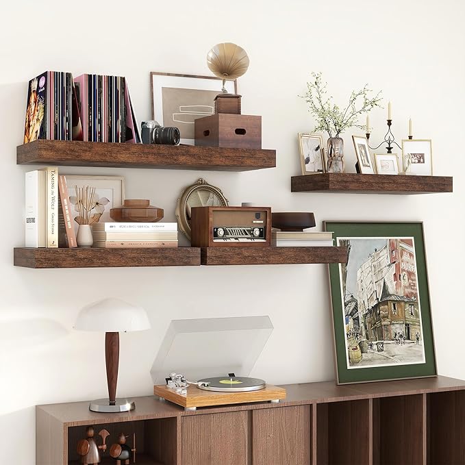 Deep Floating Shelves, 12 Inch Deep Rustic Floating Shelves Set of 2, 24 Inch Large Wall Mounted Wood Shelves for Books Laundry Room Living Room Bedroom Kitchen Home Office - Rustic Brown