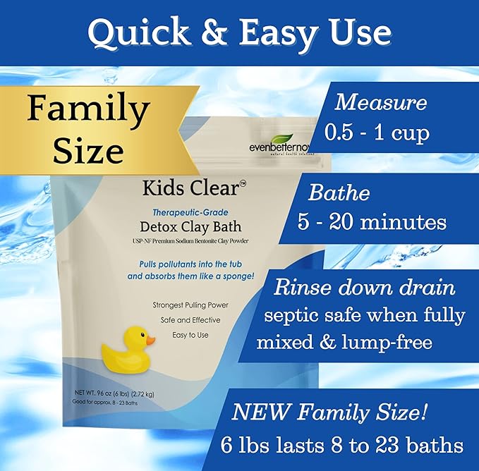 Kids Clear Detox Clay Bath, 100% Pure Sodium Bentonite - Cleansing and Purifying, by -Evenbetternow LLC – 6 lb (96 oz) Family Value Size