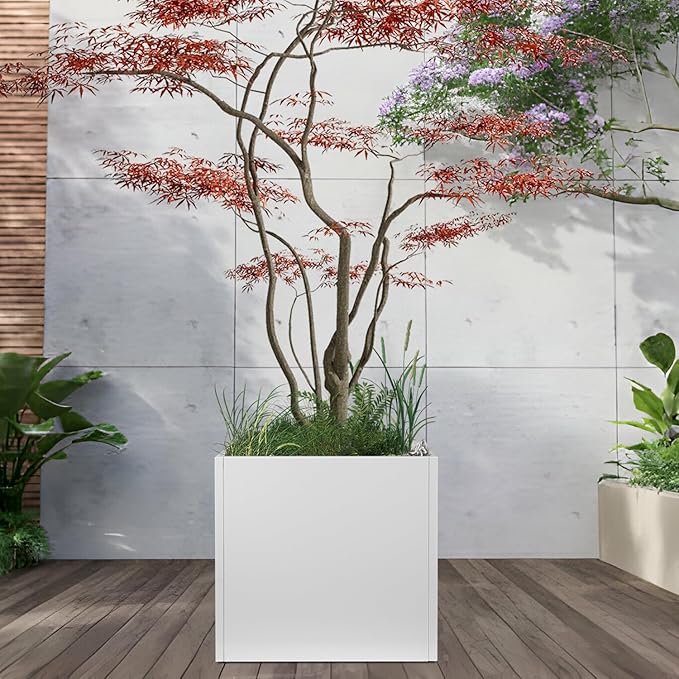 White Steel Planter Square Outdoor Planters Galvanized Steel Planter Box Indoor Metal Large Planters Cube Heavy Duty Flower Pot 26 Inch Modern Commercial Residential for Trees Patio Deck Yard Garden