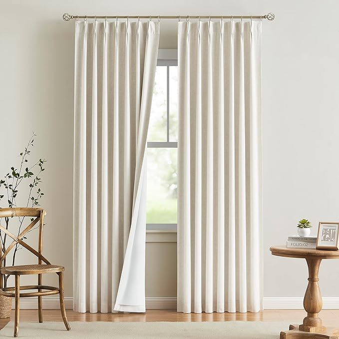 Vision Home Natural Pinch Pleated Full Blackout Curtains Linen Blended Room Darkening Window Curtains 95 inch for Living Room Bedroom Thermal Insulated Pinch Pleat Drapes with Hooks 2 Panel 40"Wx95"L