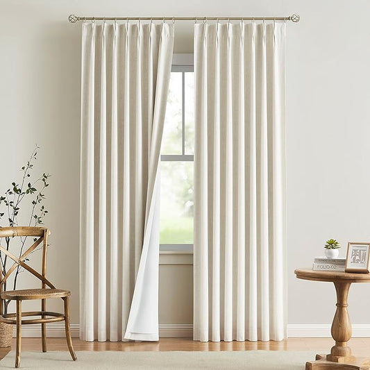 Vision Home Natural Pinch Pleated Full Blackout Curtains Linen Blended Room Darkening Window Curtains 95 inch for Living Room Bedroom Thermal Insulated Pinch Pleat Drapes with Hooks 2 Panel 40"Wx95"L