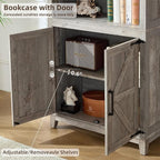 5 Tier Bookshelf 70in Tall Bookcase with Barn Doors and Storage Cabinet, Grey Farmhouse Book Shelf with Adjustable Shelves, Wood Freestanding Display Bookshelves for Bedroom, Kitchen (3PCS)